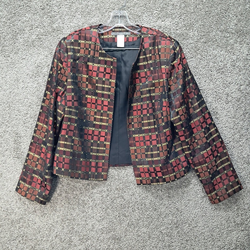 Maggy L Vintage Metallic Plaid Evening Jacket Red Bronze Gold Open Front Size 12